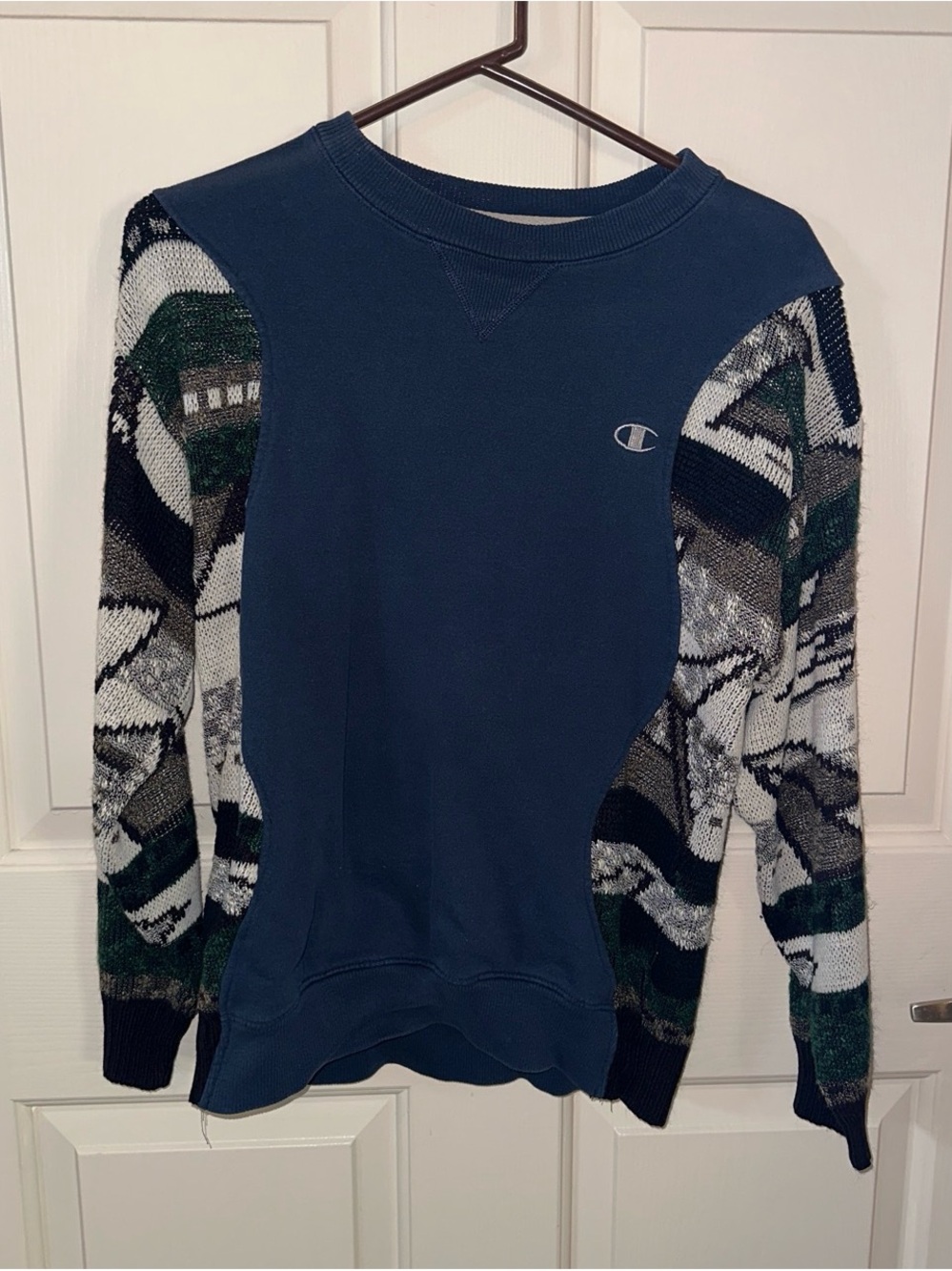 Champion Navy Crewneck Sweater with Patterned Green & Gray Sleeves